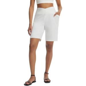 imageBALEAF Womens Bermuda Long Shorts with Pockets 9 Above Knee Length High Waisted Stretch Walking Athletic Dressy CasualStar White
