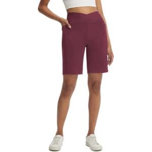 imageBALEAF Womens Bermuda Long Shorts with Pockets 9 Above Knee Length High Waisted Stretch Walking Athletic Dressy CasualWine Red
