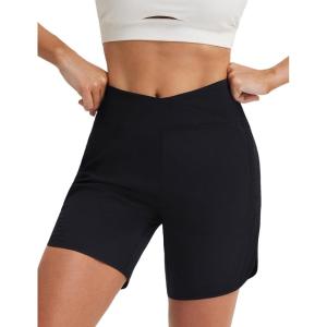 imagebaleaf 7 Womens Running Shorts Athletic Quick Dry Shorts Crossover High Waisted Workout Hiking Zipper Pockets UPF50Black