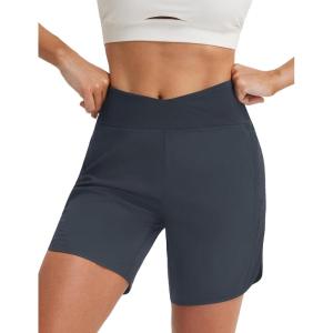 imagebaleaf 7 Womens Running Shorts Athletic Quick Dry Shorts Crossover High Waisted Workout Hiking Zipper Pockets UPF50Dark Gray