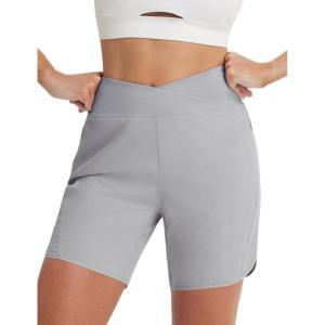 imagebaleaf 7 Womens Running Shorts Athletic Quick Dry Shorts Crossover High Waisted Workout Hiking Zipper Pockets UPF50Gray