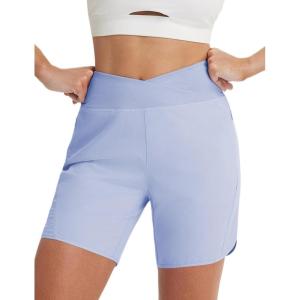 imagebaleaf 7 Womens Running Shorts Athletic Quick Dry Shorts Crossover High Waisted Workout Hiking Zipper Pockets UPF50Light Blue
