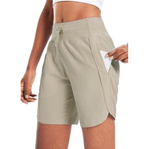 imagebaleaf Womens 7 Athletic Long Running Shorts Workout Gym Quick Dry Hiking Shorts High Waisted Zipper PocketKhaki