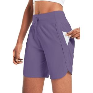 imagebaleaf Womens 7 Athletic Long Running Shorts Workout Gym Quick Dry Hiking Shorts High Waisted Zipper PocketLight Purple