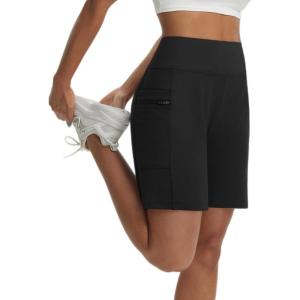 imagebaleaf Womens 7 Bermuda Shorts Athletic Running Long Shorts High Waisted with Zipper Pockets Workout Gym Hiking ShortsBlack