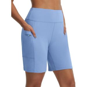 imagebaleaf Womens 7 Bermuda Shorts Athletic Running Long Shorts High Waisted with Zipper Pockets Workout Gym Hiking ShortsBlue