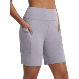 imagebaleaf Womens 7 Bermuda Shorts Athletic Running Long Shorts High Waisted with Zipper Pockets Workout Gym Hiking ShortsGrey