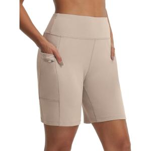 imagebaleaf Womens 7 Bermuda Shorts Athletic Running Long Shorts High Waisted with Zipper Pockets Workout Gym Hiking ShortsKhaki