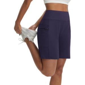 imagebaleaf Womens 7 Bermuda Shorts Athletic Running Long Shorts High Waisted with Zipper Pockets Workout Gym Hiking ShortsNavy