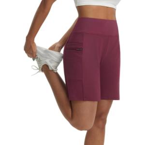 imagebaleaf Womens 7 Bermuda Shorts Athletic Running Long Shorts High Waisted with Zipper Pockets Workout Gym Hiking ShortsWine Red