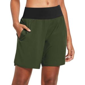 imagebaleaf Womens 7 Long Running Athletic Shorts with Liner High Waist Workout Gym Quick Dry Soft Split Leg Zipper PocketArmy Green