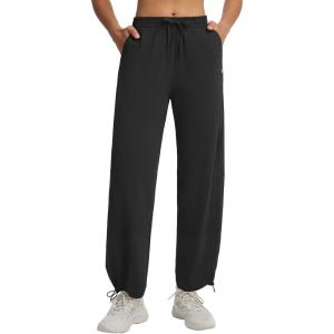 imagebaleaf Womens Barrel Pants with Pockets Drawstring Athletic Quick Dry Adjustable Cuff Wide Leg Tapered Fit Casual SweatpantsBlack