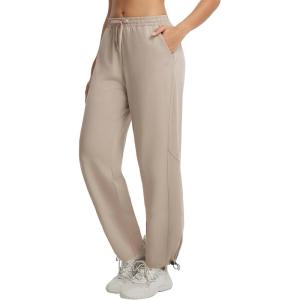 imagebaleaf Womens Barrel Pants with Pockets Drawstring Athletic Quick Dry Adjustable Cuff Wide Leg Tapered Fit Casual SweatpantsKhaki