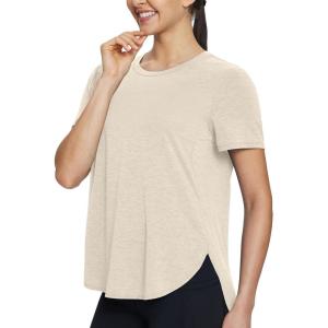 imagebaleaf Womens Short Sleeve Workout Shirts Tops Athletic Yoga Running Shirts Loose Fit with Side Slits Quick Dry TShirtsHeather Khaki