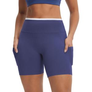 imagebaleaf Biker Shorts for Women High Waist Tummy Control with Pockets Yoga Workout Gym Bike Shorts No Front SeamBlueWhite