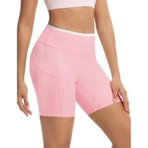 imagebaleaf Biker Shorts for Women High Waist Tummy Control with Pockets Yoga Workout Gym Bike Shorts No Front SeamPinkWhite