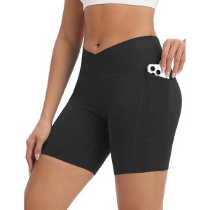 imagebaleaf Crossover Biker Shorts Women 6 High Waisted Yoga Shorts with Pockets Bike Workout Spandex CompressionBlack