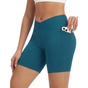 imagebaleaf Crossover Biker Shorts Women 6 High Waisted Yoga Shorts with Pockets Bike Workout Spandex CompressionBlue