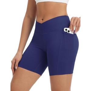 imagebaleaf Crossover Biker Shorts Women 6 High Waisted Yoga Shorts with Pockets Bike Workout Spandex CompressionNavy Blue