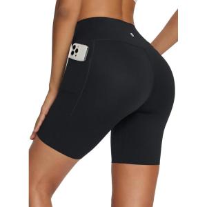 imagebaleaf Freeleaf Womens 8 High Waist Biker Shorts with Pockets Yoga Running Volleyball Workout Gym Shorts for Summer SpandexBlack