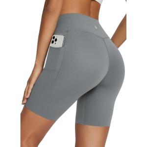 imagebaleaf Freeleaf Womens 8 High Waist Biker Shorts with Pockets Yoga Running Volleyball Workout Gym Shorts for Summer SpandexDark Gray