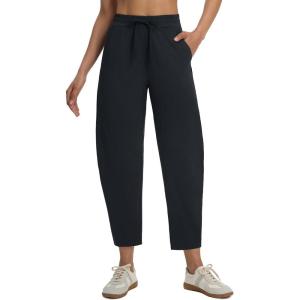 imagebaleaf Womens Barrel Pants with Zipper Pockets Drawstring Athletic Pants Elastic Waisted Casual Lounge Work TravelBlack