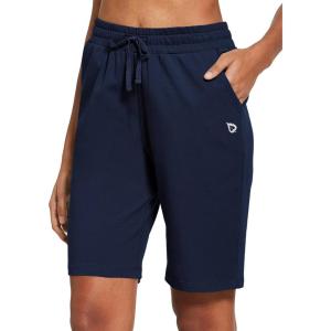 imagebaleaf Womens Bermuda Shorts Long Cotton Casual Summer Knee Length Pull On Lounge Walking Exercise Shorts with PocketsNavy Blue10 Inseam