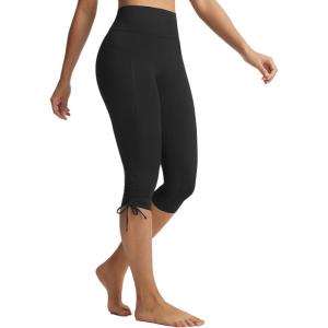 imagebaleaf Womens High Waisted Capri Leggings with Pockets Yoga Capris Pants Tummy Control Workout CasualBlack