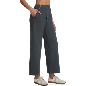 imagebaleaf Womens Wide Leg Yoga Pants 28 Dress Work Pants with Pockets Stretch High Waist Casual PantsDark Gray