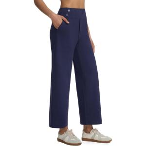 imagebaleaf Womens Wide Leg Yoga Pants 28 Dress Work Pants with Pockets Stretch High Waist Casual PantsNavy Blue