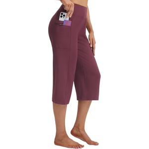 image:imagebaleaf Capris for Women with Pockets Yoga Capri Pants High Waist Straight Leg for Casual Summer PantWine Red