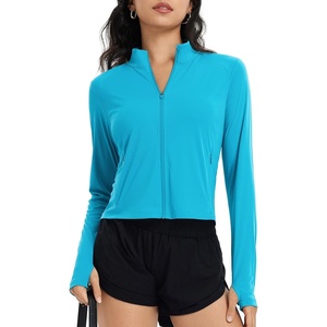 image:imagebaleaf Womens UPF 50 Sun Crop Shirt with Pockets Full Zip Cooling Quick Dry Long Sleeve Jacket for Golf HikingGlacier Blue