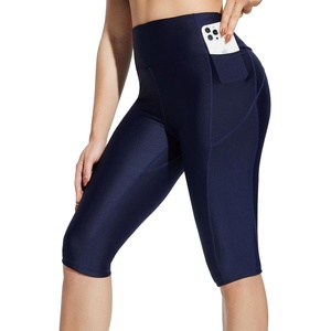 image:imagebaleaf Womens 14 High Waisted Swim Capris Long Swim Shorts Knee Length UPF50 Swimsuit with Liner and PocketsNavy