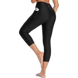 image:imagebaleaf Womens 20 High Waisted Swim Pants 2025 Long Swim Capris UPF50 Swimsuit with Liner and PocketsBlack