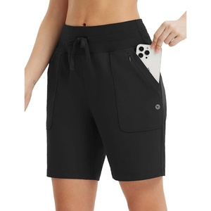 image:imagebaleaf Womens 7 Athletic Running Shorts Long Workout Shorts High Waisted Quick Dry 4 Zipper Pockets UPF50Black