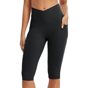 image:imagebaleaf Capri Leggings for Women Knee Length Yoga Workout Capirs Leggings with Pockets Tummy Control StretchBlack