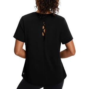 image:imagebaleaf Womens Open Back Yoga Top Short Sleeve Shirt Black M  UPF 50 Loose Fit Crew Neck Curved Hem Ultrasoft Breathable Yoga Athletic Running Exercise
